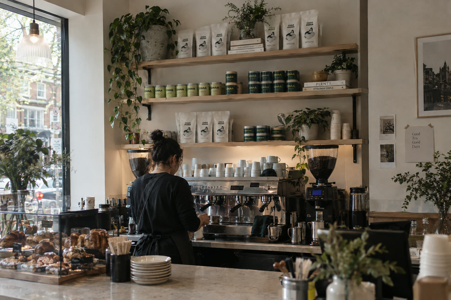 A barista preparing a drink at a café counter with Chaa Peena tea on the shelves
