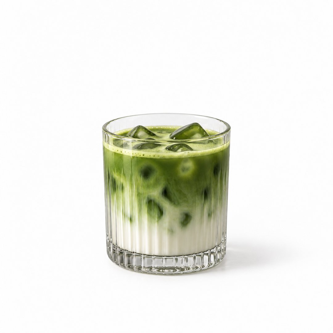 Iced matcha latte in a tall glass